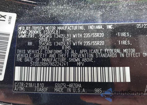 2022 Toyota Highlander Limited из США, поврежденный, VIN 5TDDZRBH7NS224241